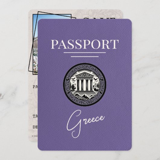 Lilac Lila Greece Passport Save the Date Card (Vorne/Hinten)
