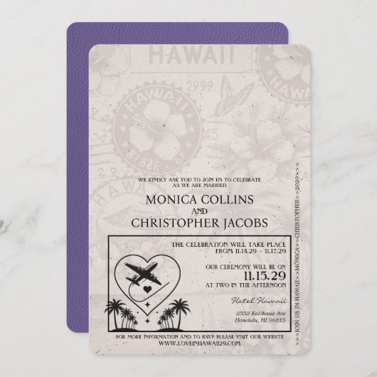 Lilac Lila Hawaii Passport Wedding Einladung (Vorne/Hinten)
