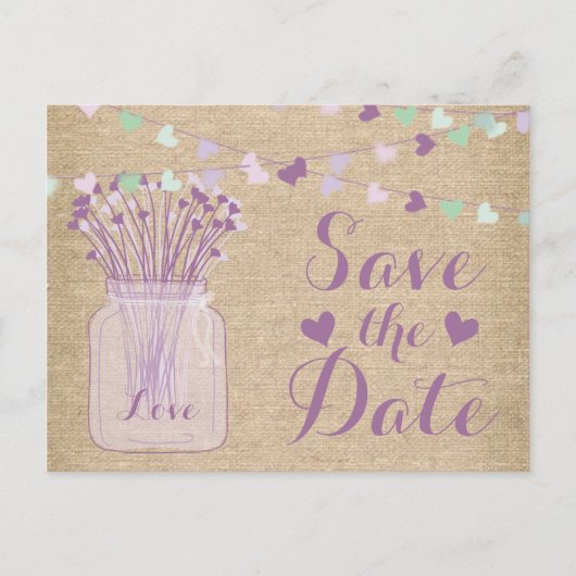 Lilac Lila Mason Jar Burlap Lace Save the Date Ankündigungspostkarte (Vorderseite)