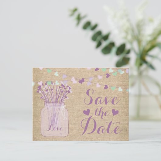 Lilac Lila Mason Jar Burlap Lace Save the Date Ankündigungspostkarte (Stehend Vorderseite)