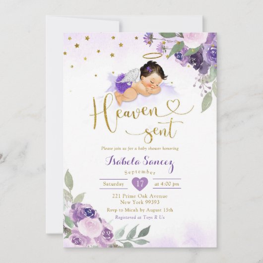 Lilac Lila Mexican Baby Heaven Sent Baby Dusche Einladung (Vorderseite)