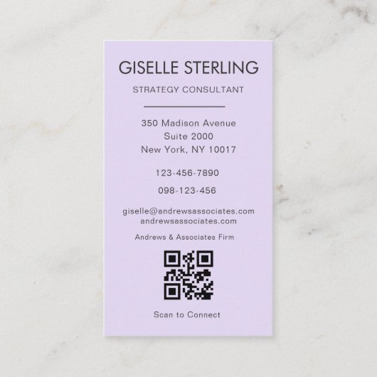 Lilac Lila Minimal Foto QR Code Modern Visitenkarte (Rückseite)