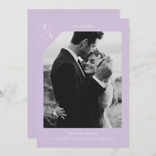 Lilac Lila Minimalistisch Modernes Monogramm Foto Save The Date (Vorne/Hinten)