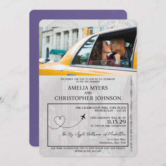 Lilac Lila New York City Passport Wedding Einladung (Vorne/Hinten)