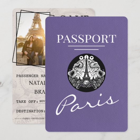 Lilac Lila Paris Passport Save the Date (Vorne/Hinten)