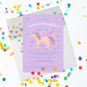 Lilac Lila Pastel Rainbow Unicorn Geburtstagsparty Einladung