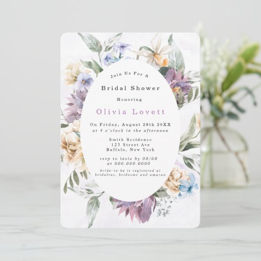 Lilac Lila Peony Wildflove Brautparty lädt ein Einladung (Stehend Vorderseite)