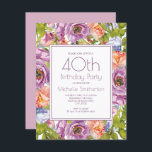 Lilac Lila Pink Floral 40. Geburtstagsfrauen Einladung<br><div class="desc">Schöne,  farbenfrohe lila lila und rosa Aquarell florale botanische 40. Geburtstag Party Einladung für Frauen. Kontaktieren Sie uns für Hilfe bei der Anpassung oder der Anpassung von Produkten.</div>