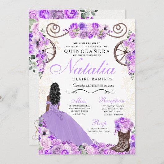 Lilac Lila Ranchero Princess Dress Quinceanera Einladung (Vorne/Hinten)