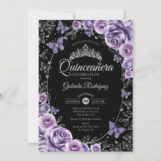 Lilac Lila Silver Black Quinceanera Einladung (Vorderseite)