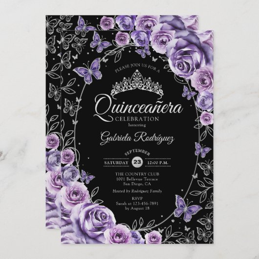 Lilac Lila Silver Black Quinceanera Einladung (Vorne/Hinten)