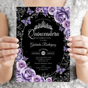 Lilac Lila Silver Black Quinceanera Einladung