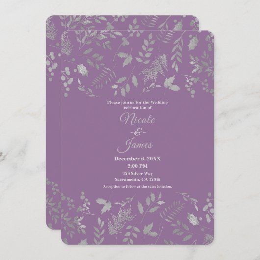 Lilac Lila Silver Blätter Botanische Hochzeit Einladung (Vorne/Hinten)