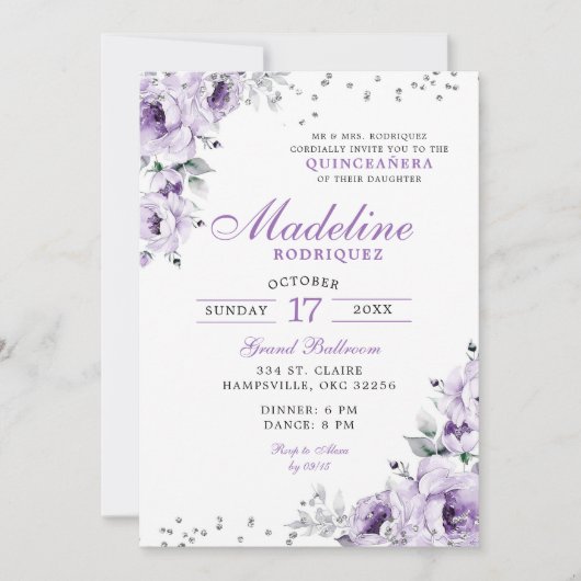 Lilac Lila Silver Floral Quinceanera Einladung (Vorderseite)