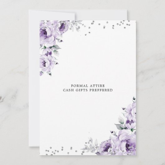 Lilac Lila Silver Floral Quinceanera Einladung (Rückseite)