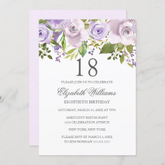 Lilac Lila Watercolor Floral 18. Geburtstag Einladung