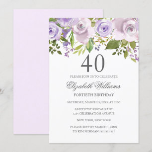 Lilac Lila Watercolor Floral 40. Geburtstag Einladung