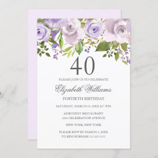 Lilac Lila Watercolor Floral 40. Geburtstag Einladung