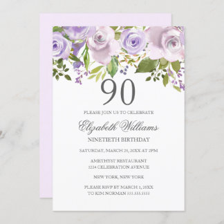 Lilac Lila Watercolor Floral 90. Geburtstag Einladung