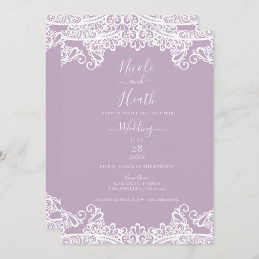 Lilac Mauve & White Lace Elegante Hochzeit Einladung (Vorne/Hinten)