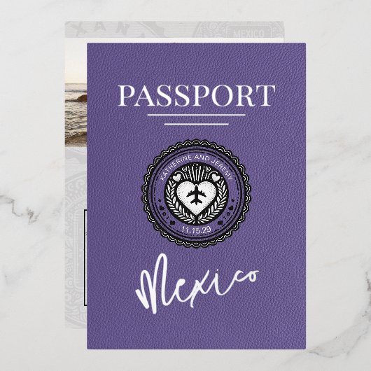 Lilac Mexico Passport Wedding Folieneinladung (Vorderseite/Rückseite)