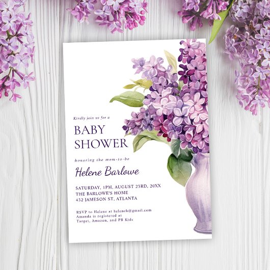 Lilac Modern Elegant Floral Baby Shower Einladung