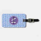 Lilac Monogram Blue and White Owl Muster Gepäckanhänger (Vorderseite horizontal)