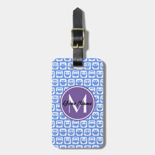Lilac Monogram Blue and White Owl Muster Gepäckanhänger (Vorderseite vertikal)