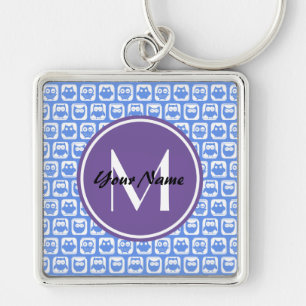 Lilac Monogram Blue and White Owl Muster Schlüsselanhänger