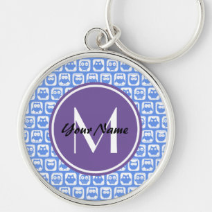 Lilac Monogram Blue and White Owl Muster Schlüsselanhänger