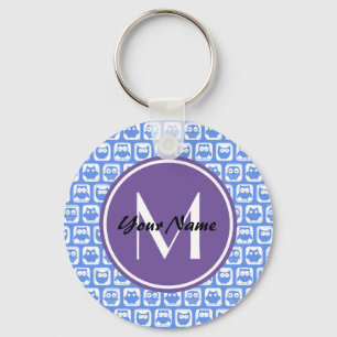 Lilac Monogram Blue and White Owl Muster Schlüsselanhänger