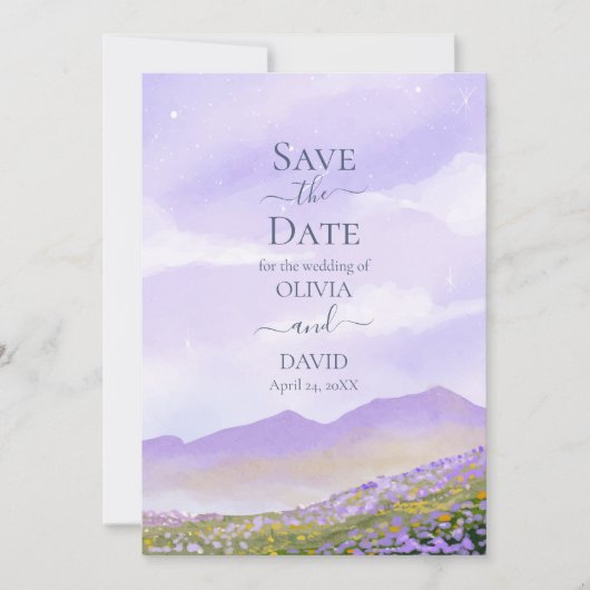 Lilac Night Mountain Field Save the Date Card Einladung (Vorderseite)