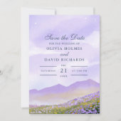 Lilac Night Sky Mountains Felder Save the Date Einladung (Vorderseite)