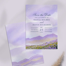 Lilac Night Sky Mountains Felder Save the Date Einladung
