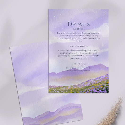 Lilac Night Sky Mountains Meadow Wedding Details Einladung