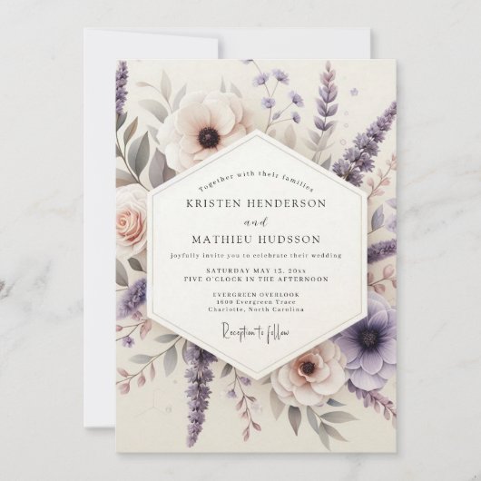 Lilac Painterly Meadow Wedding Einladung (Vorderseite)