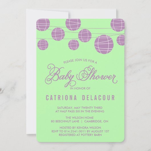 Lilac Paper Lanterns Green Baby Dusche Einladung (Vorderseite)