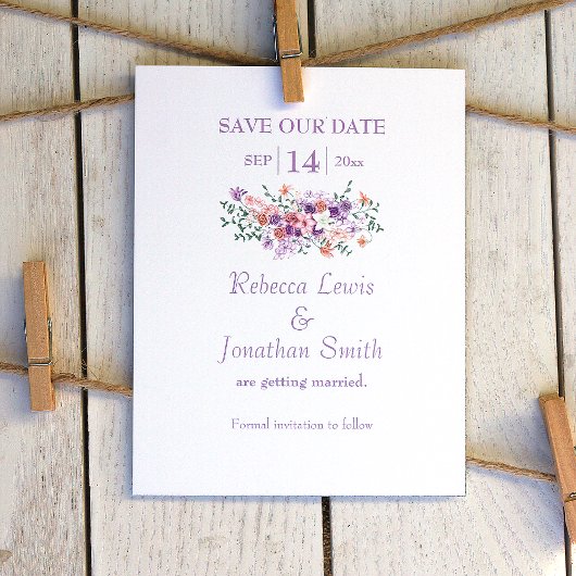 Lilac & Peach Bouquet Wedding Save the Date Einladung