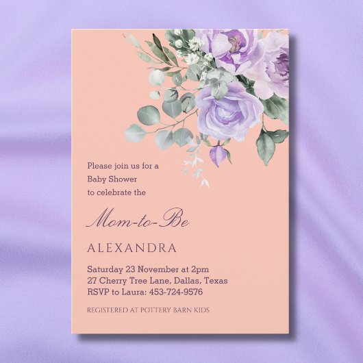 Lilac Peach Floral Peony Baby Shower Einladung