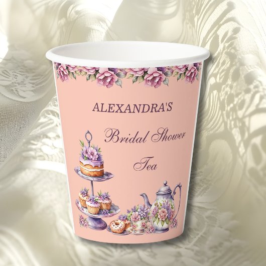 Lilac Peach Floral Tea Party Bridal Shower Pappbecher