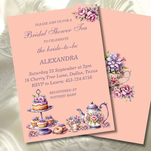 Lilac Peach Floral Whimsical Tea Bridal Shower  Einladung