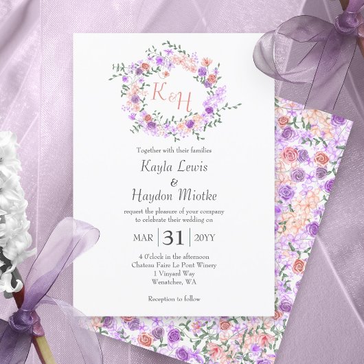 Lilac & Peach Rose Wreath Wedding Einladung