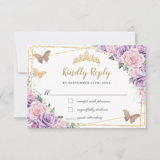 Lilac Pink Floral Rose Quinceañera Butterfliegen RSVP Karte (Vorderseite)
