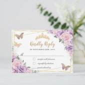 Lilac Pink Floral Rose Quinceañera Butterfliegen RSVP Karte (Stehend Vorderseite)