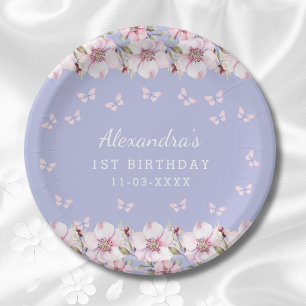 Lilac Pink Floral Whimsical Butterfly 1. Geburtsta Pappteller