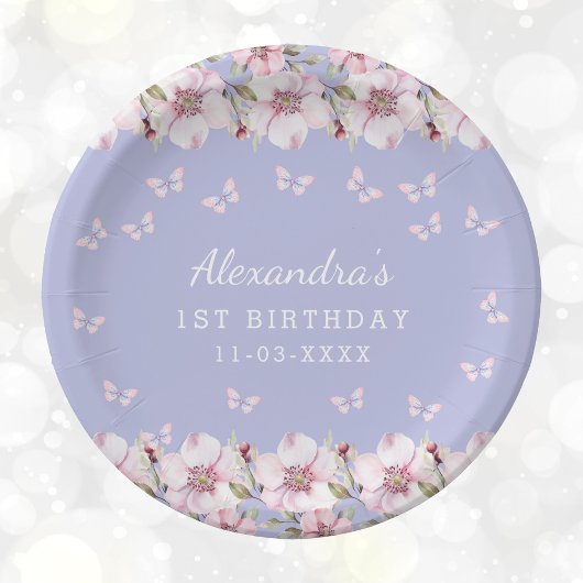 Lilac Pink Floral Whimsical Butterfly 1. Geburtsta Pappteller