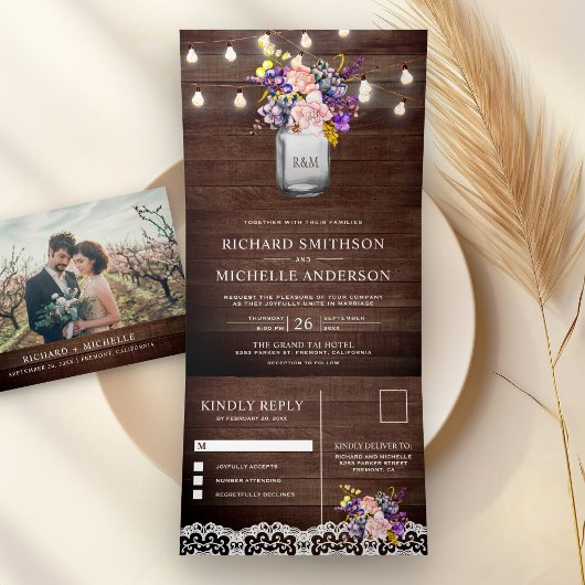 Lilac Pink Roses Mason Jar String Lights Wedding Dreifach Gefaltete Einladung