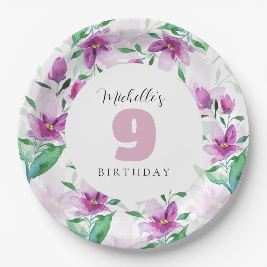 Lilac Pink Wasserfarbe Mit Monogramm Pappteller (Vorderseite)