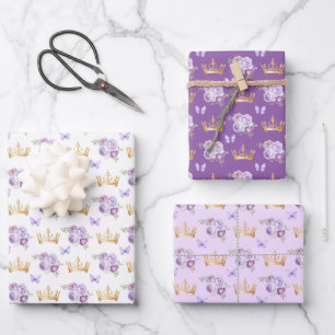 Lilac Purple Blumen und Goldkronen Geschenkpapier Set