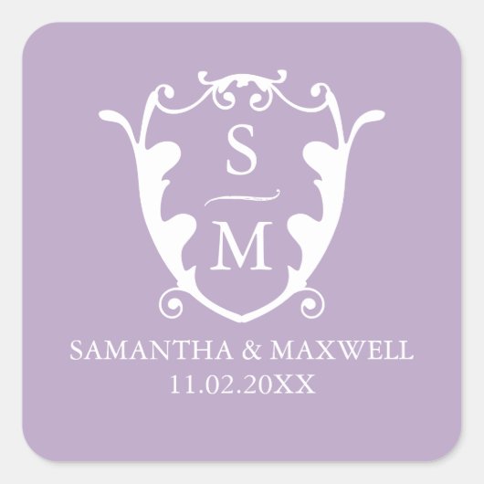Lilac Purple Crest Monogram Wedding Stickers (Vorderseite)